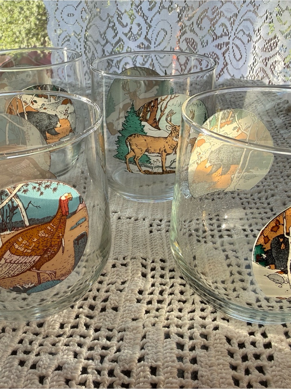 Vintage Woodland wildlife Scene Glass Tumblers- Bear Deer and Turkey camp